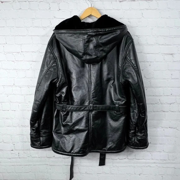 WOMENS! NWOT |•WILSONS LEATHER•| Black Leather Heavy Fur Lined Hooded Jacket - Picture 3 of 16